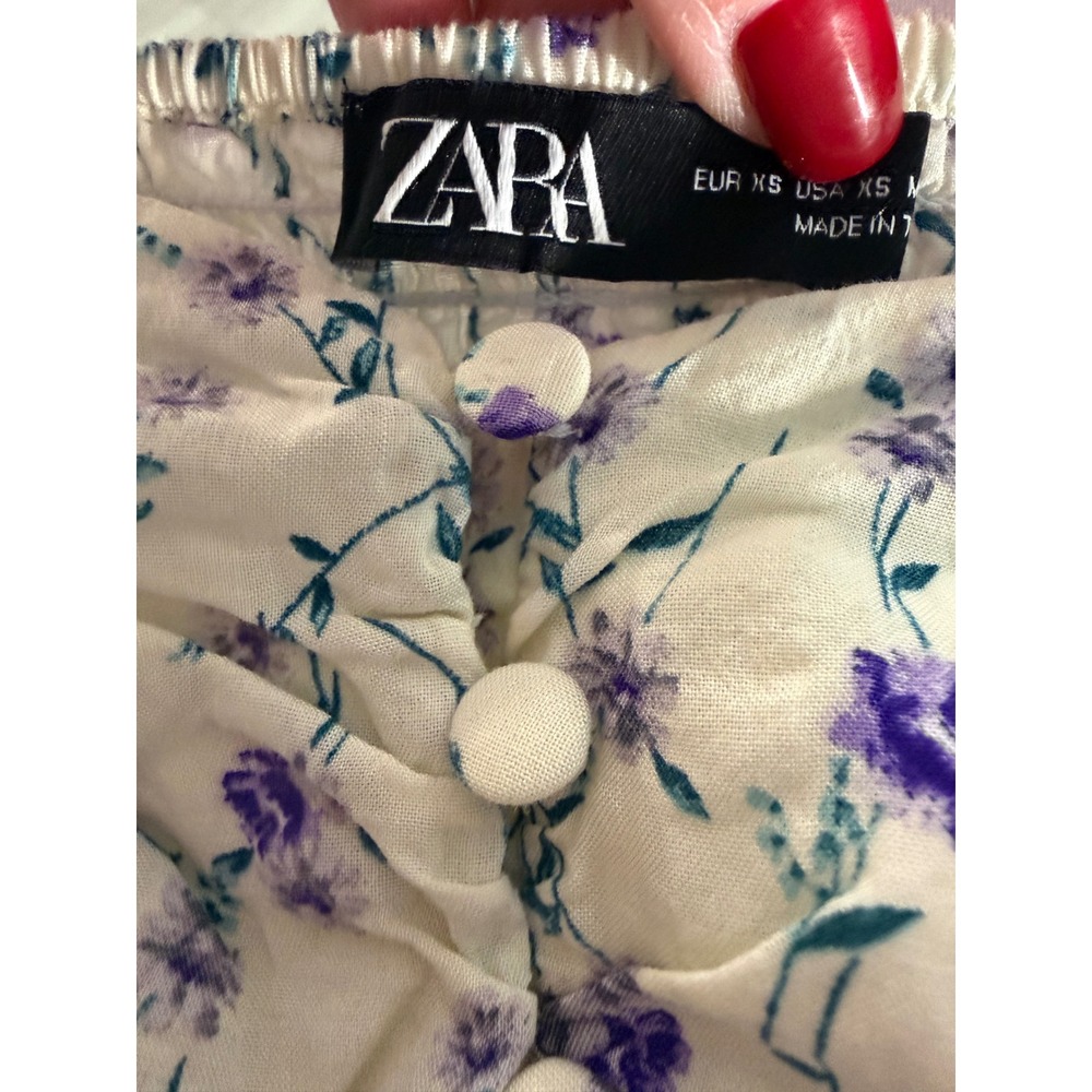 Zara Purple Floral Square Neck Crop Top Long Sleeve Smocked Back XS - Picture 9 of 10